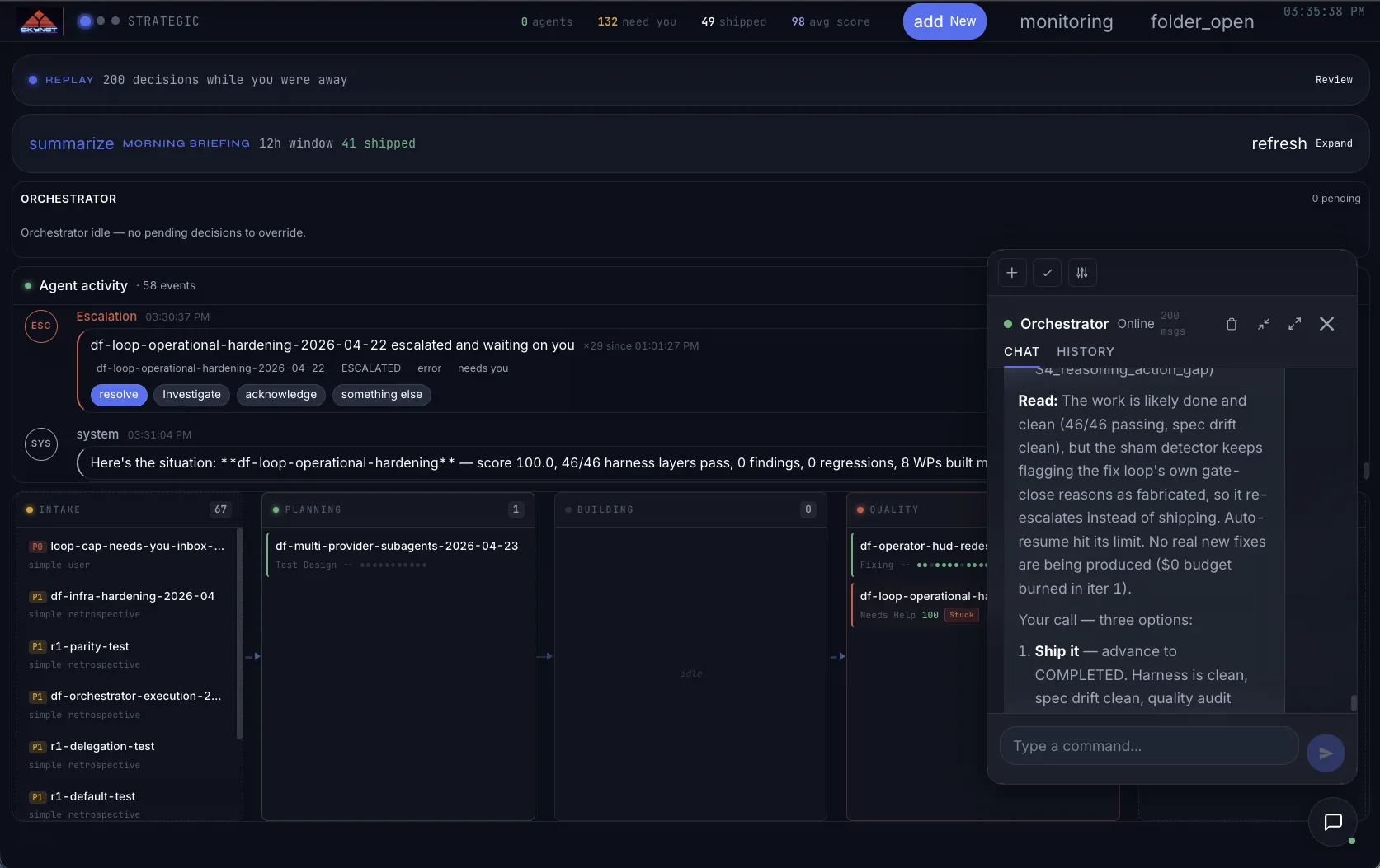Dark Factory monitoring dashboard with agent activity, replay, and lifecycle queue columns