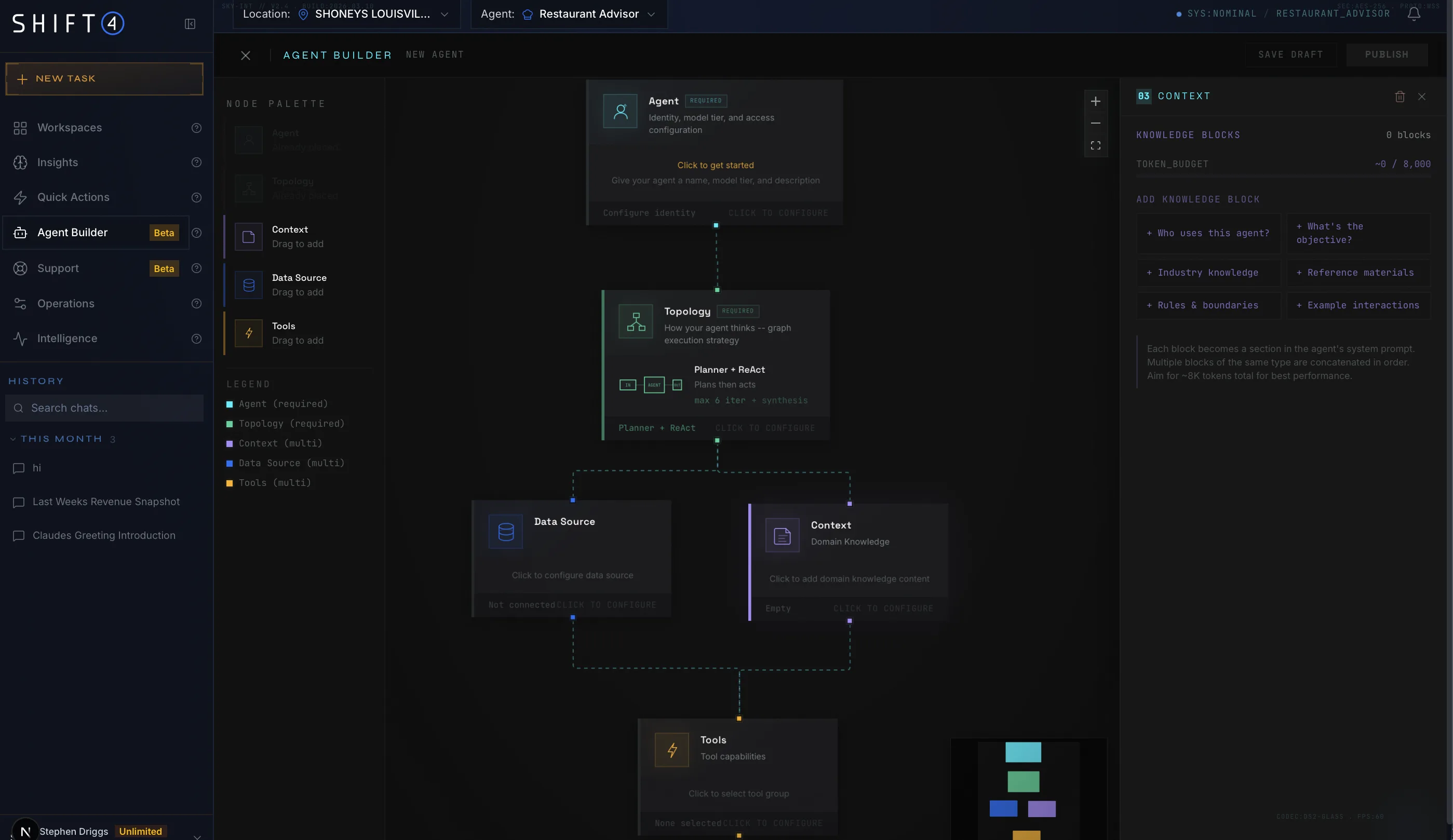 Enterprise Agent Builder canvas with agent, topology, data source, context, and tools nodes connected visually