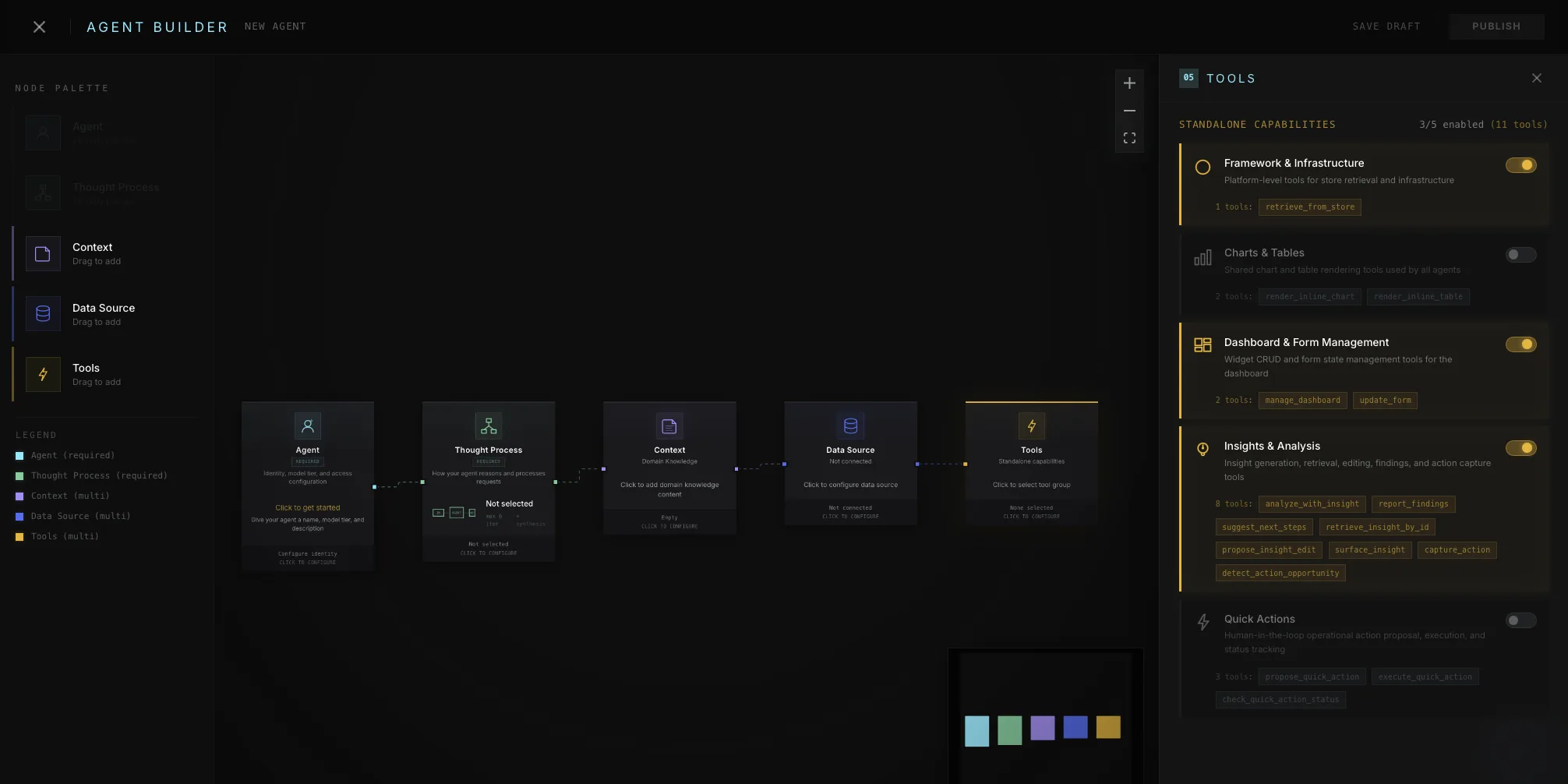 Enterprise Agent Builder tools panel showing reusable capability groups and enabled agent skills
