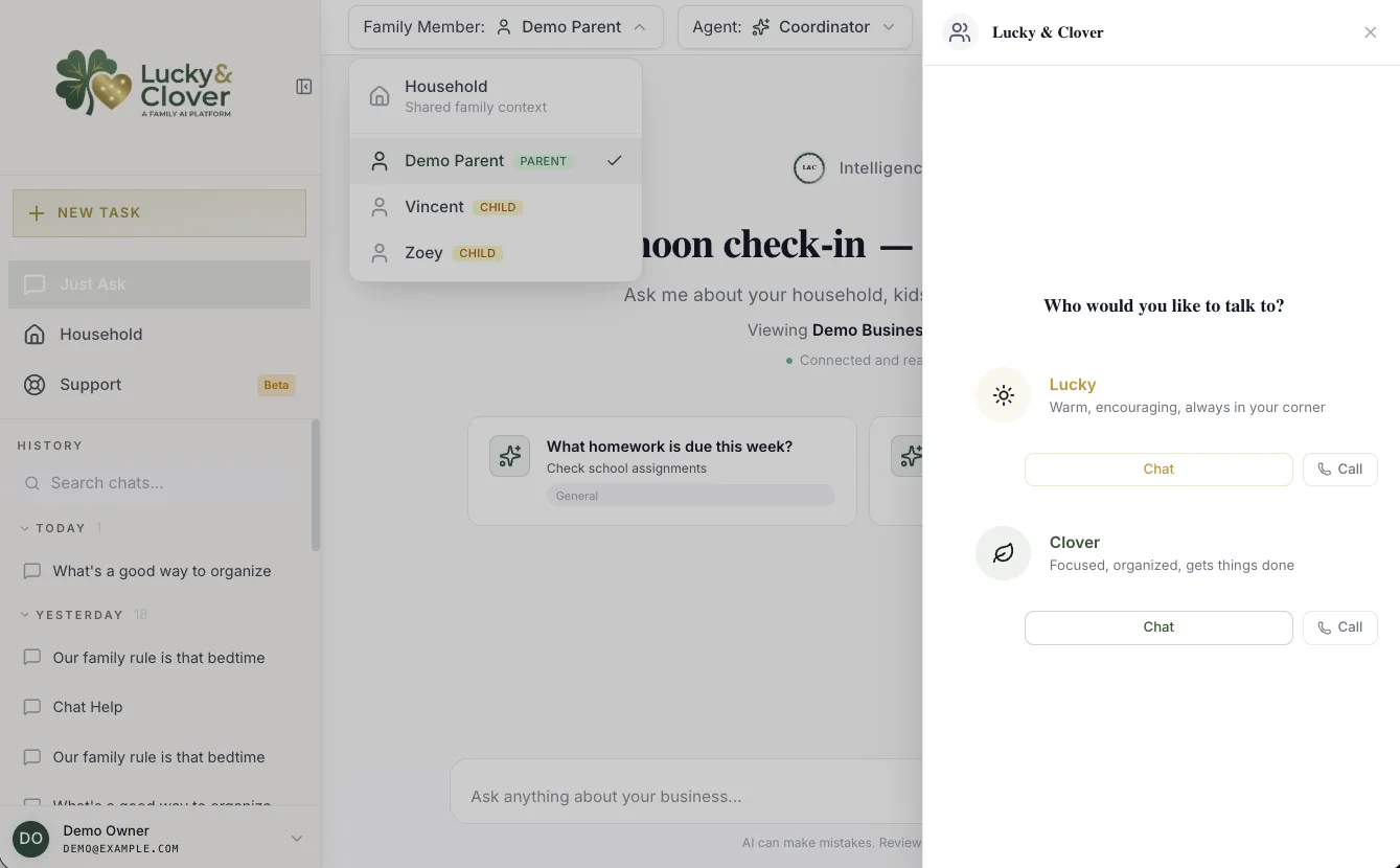 Lucky and Clover interface showing family member context and a choice between Lucky and Clover agents by chat or call