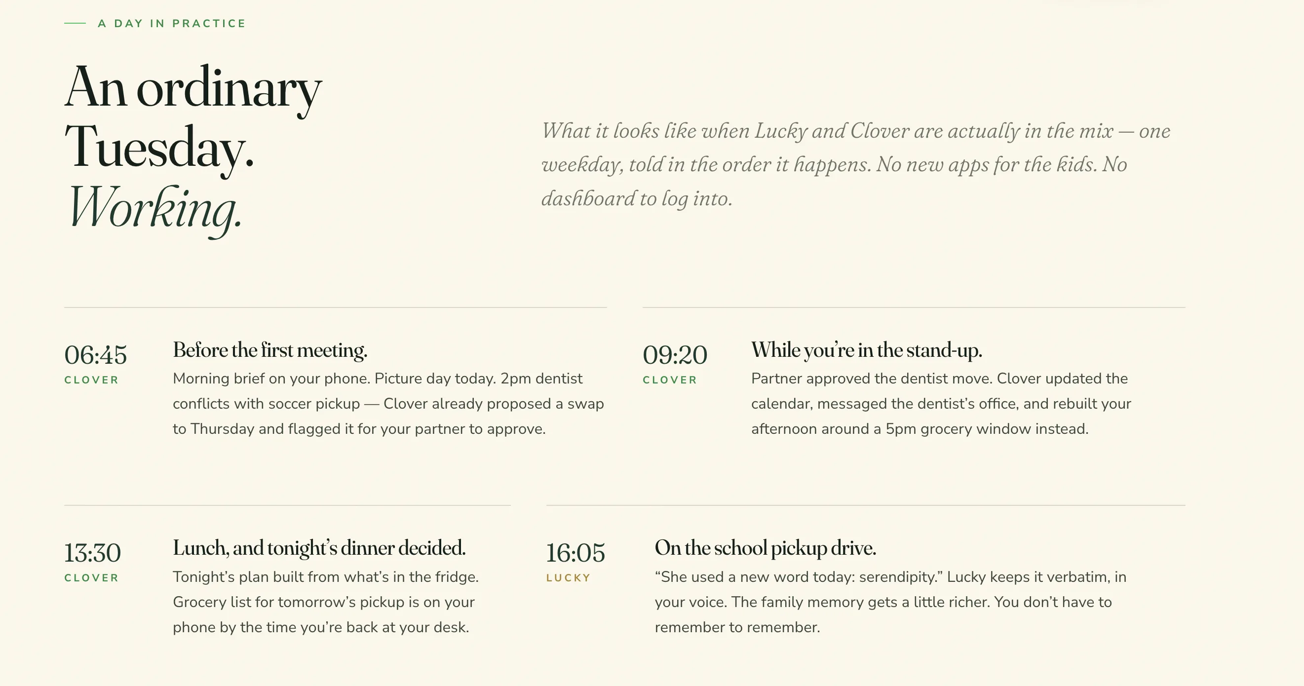 Lucky and Clover day in practice page showing how the family agents handle morning briefs, calendar changes, grocery planning, and family memory
