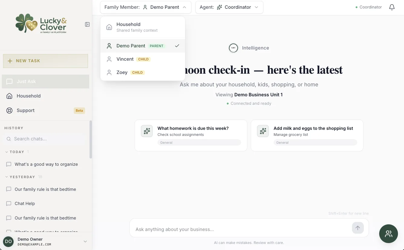 Lucky and Clover household interface showing shared family context, family members, and household task suggestions