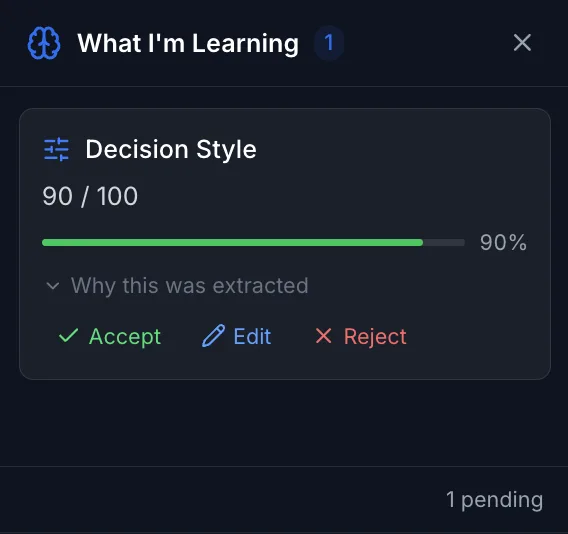 Memory Graph recalibration card showing a decision style preference with accept, edit, and reject controls