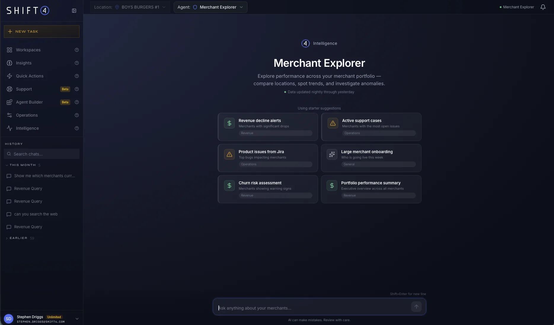 Merchant Explorer landing screen with portfolio starter suggestions and merchant intelligence prompt box