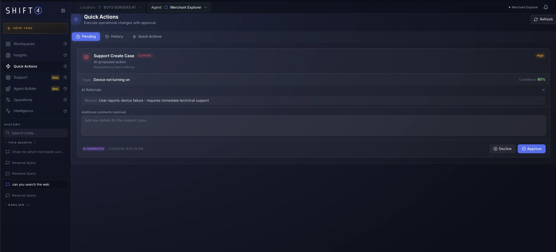 Merchant Explorer quick actions screen with an AI-proposed support case approval workflow