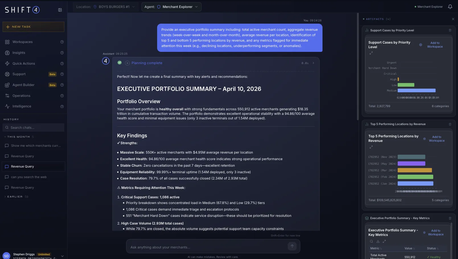 Merchant Explorer executive portfolio summary with generated insights and artifact charts