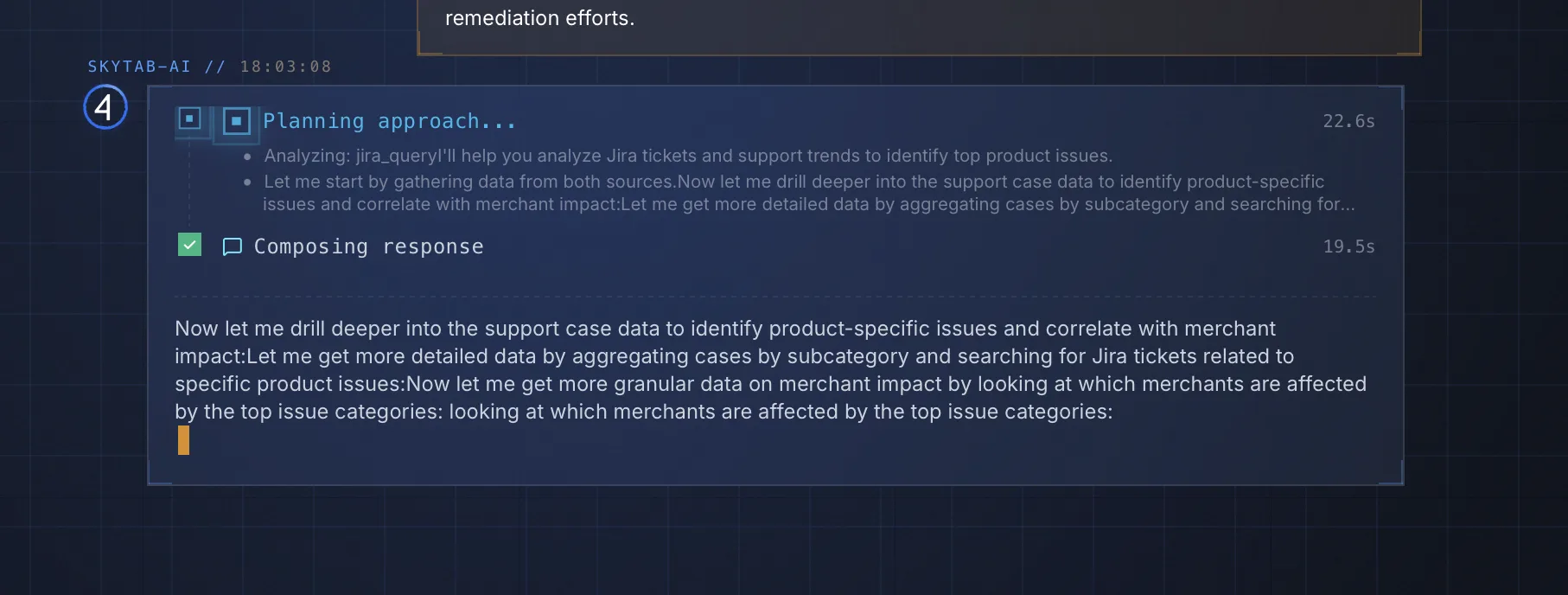 Merchant Explorer planning trace showing multi-agent analysis, Jira query planning, support trend correlation, and response composition