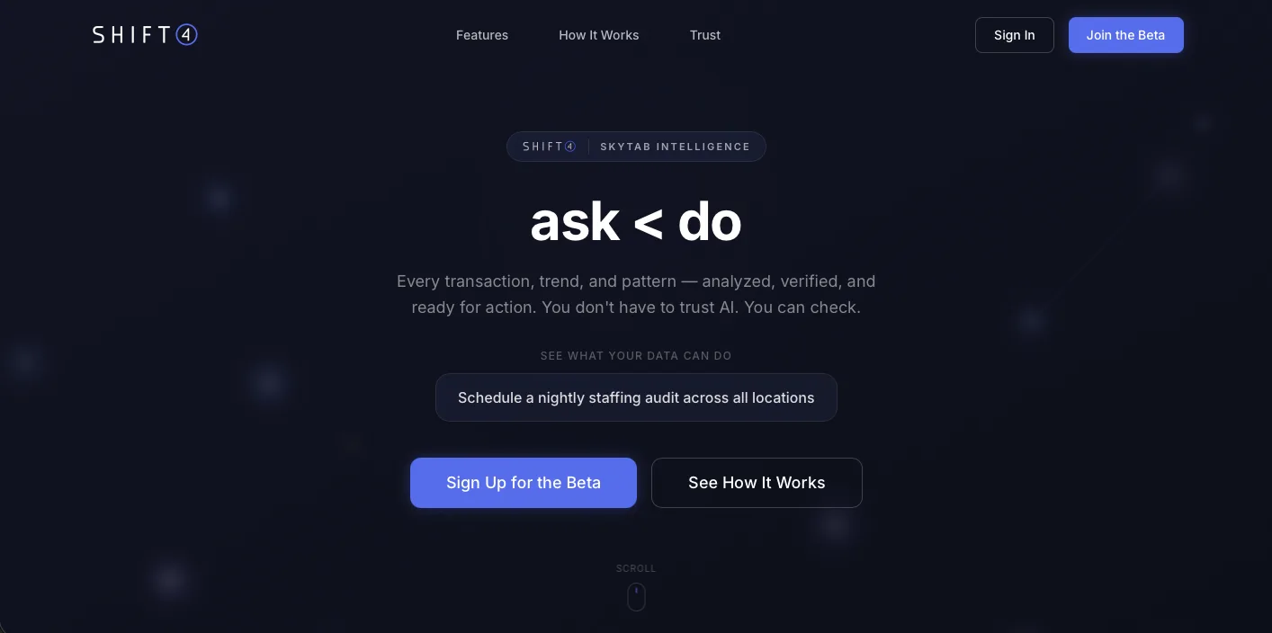 SkyTab Intelligence product landing page with ask do positioning and beta call to action