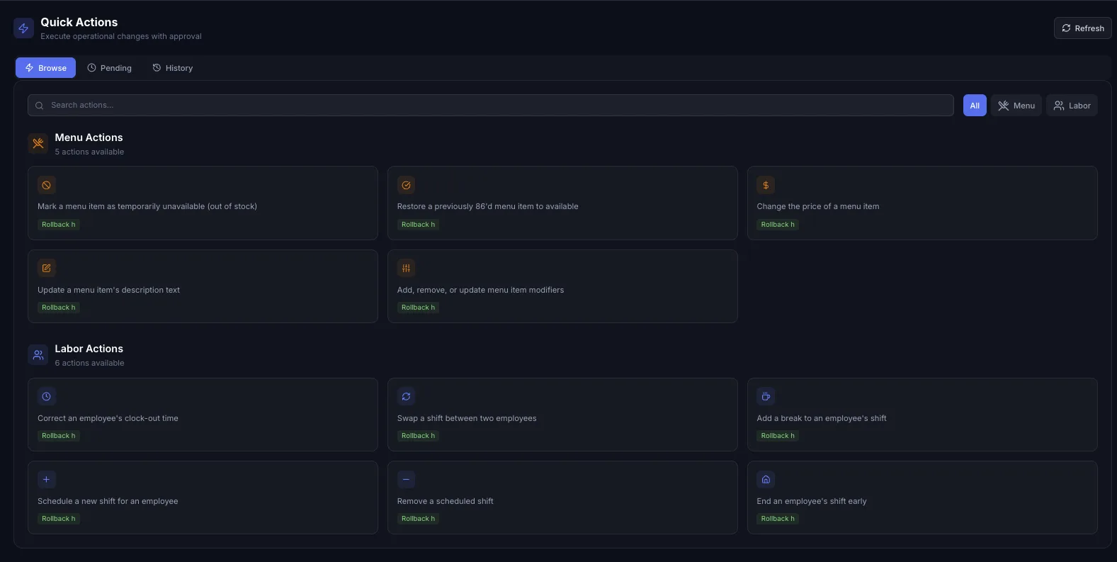 SkyTab Intelligence quick actions screen with approved menu and labor operational changes such as out-of-stock items, price changes, shift swaps, and break adjustments